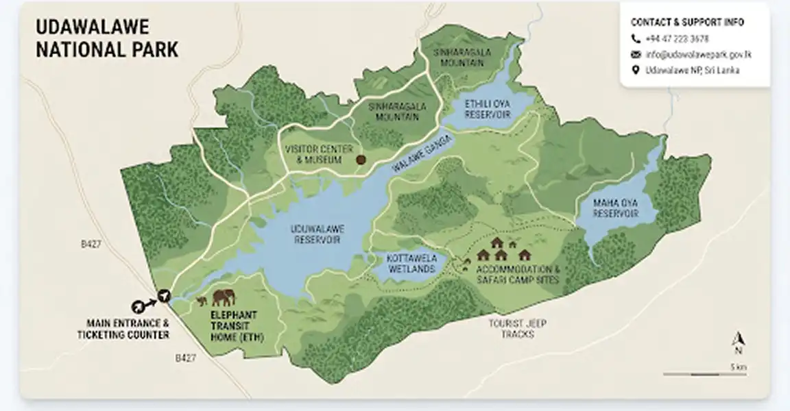 Map of Udawalawe National Park and surrounding roads