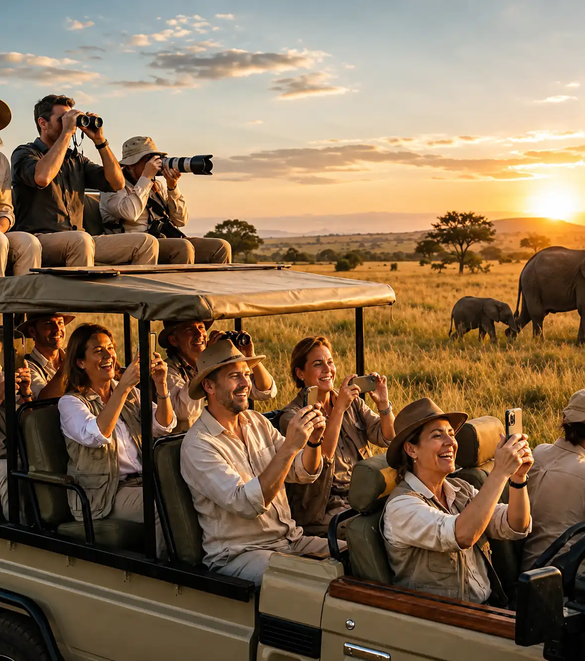 Safari visitors photographing elephants from a jeep at sunset in Udawalawe